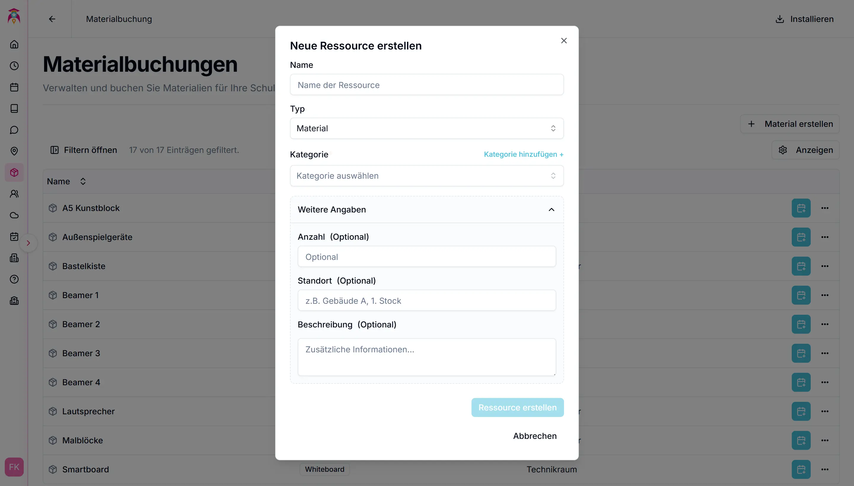 Materialien hinzufügen